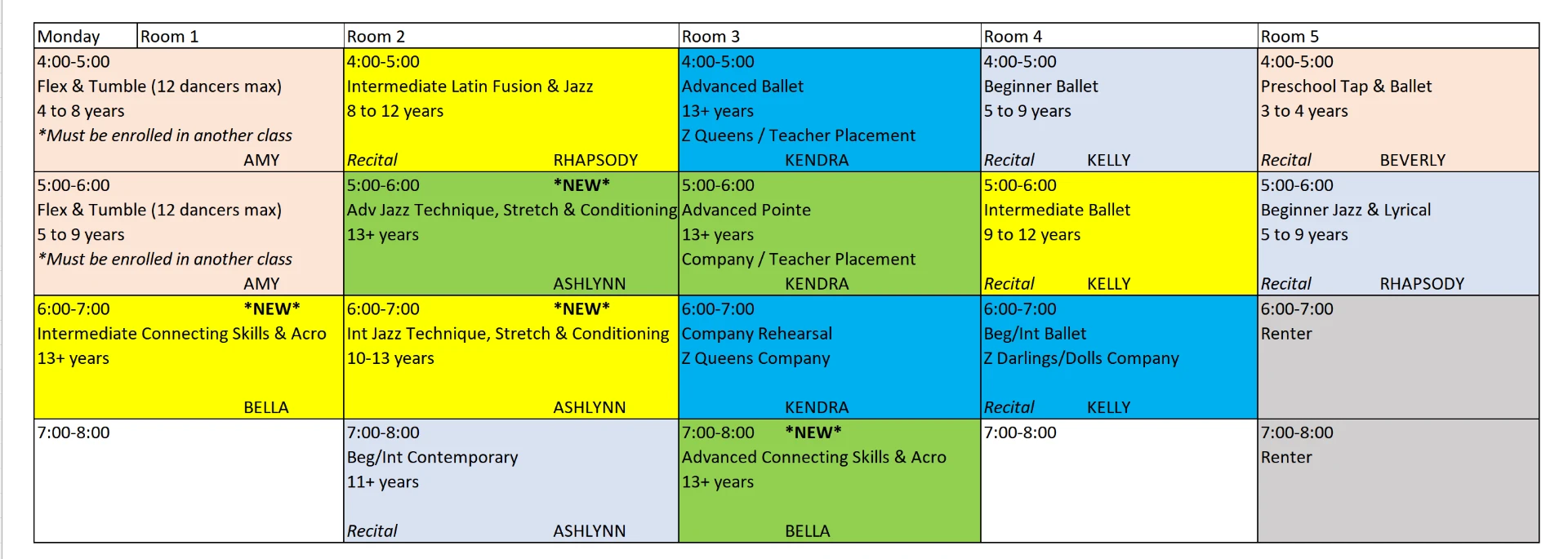 Monday dance class schedule at Studio Z