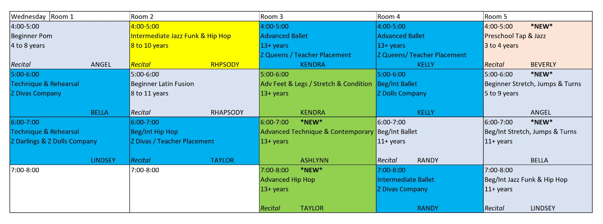 Wednesday dance class schedule at Studio Z