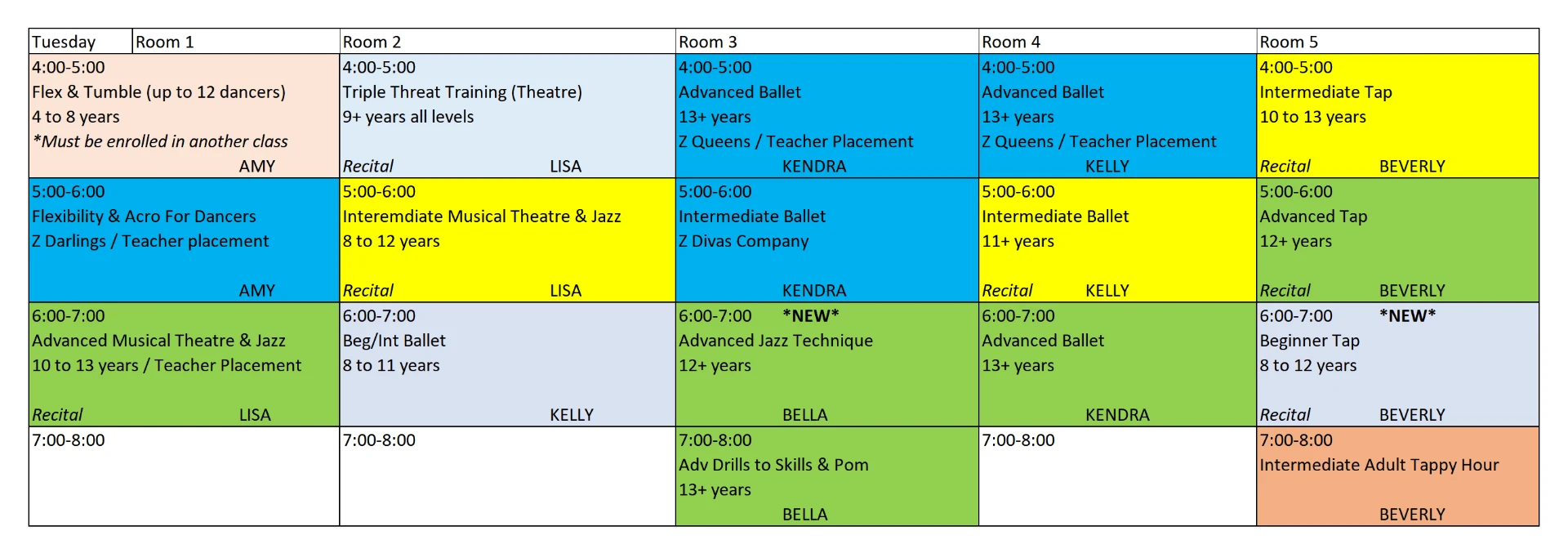 Tuesday dance class schedule at Studio Z