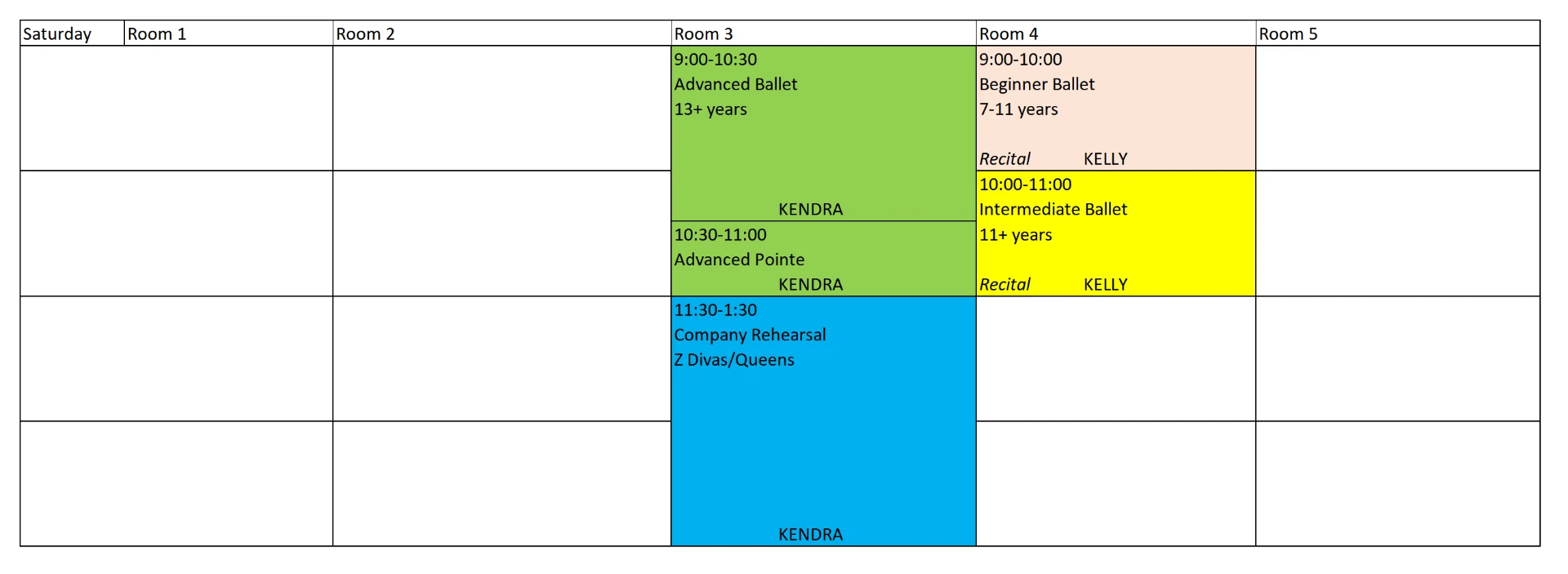 Saturday dance class schedule at Studio Z