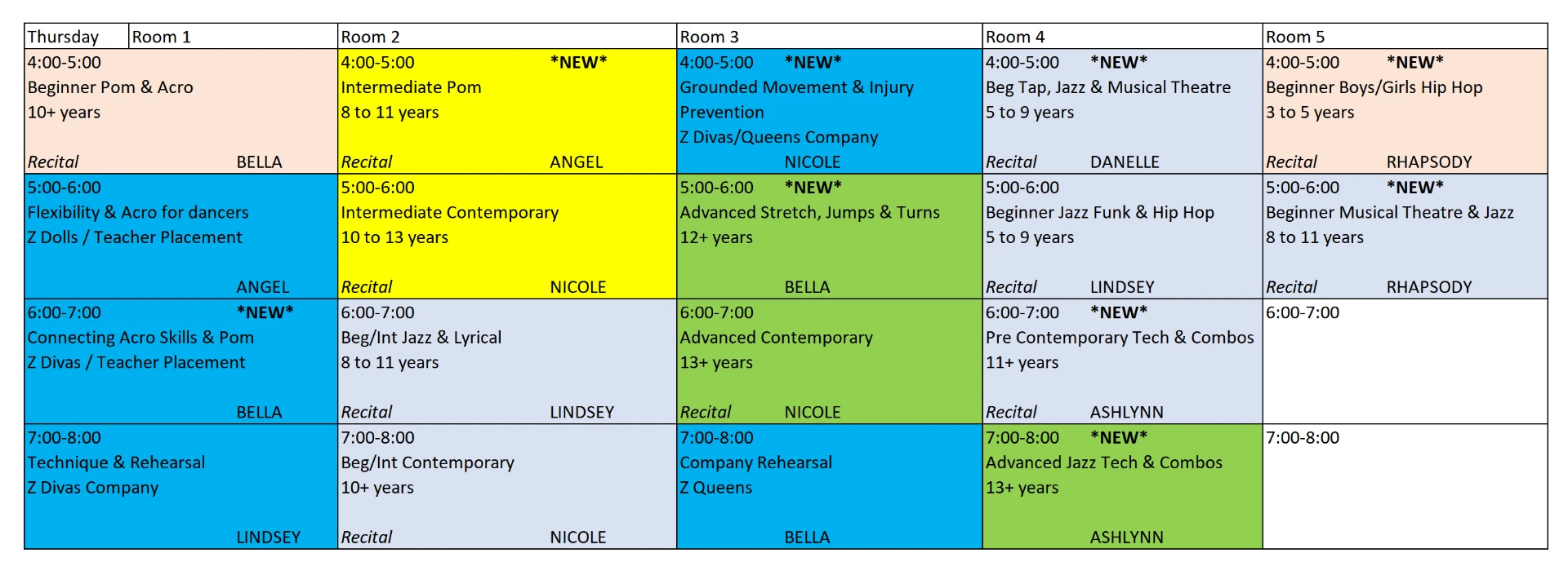 Thursday dance class schedule at Studio Z